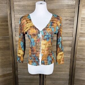 Alberto Makali Sequin Abstract Floral Crinkle Open Cardigan Top Multicolor S